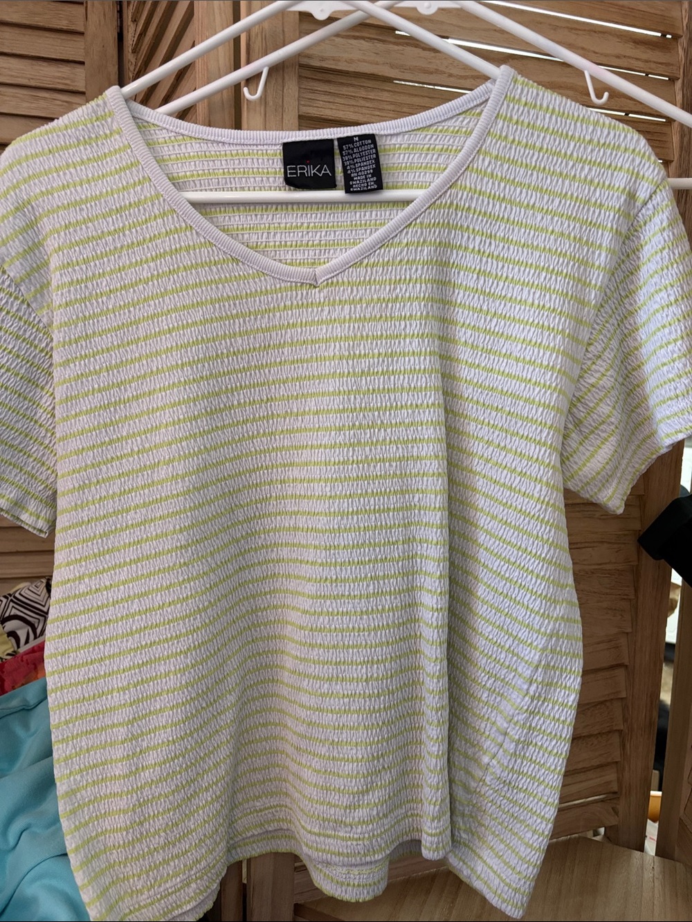 ERIKA Short Sleeve V-Neck Knit Top in White and Light Green Stripes Medium